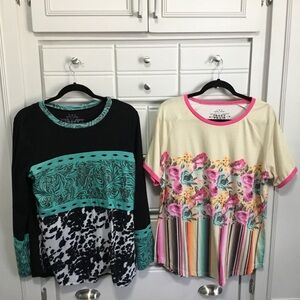 Bundle of 2 CRAZY TRAIN Southwestern Style  Tee Shirts Cow Print Floral L